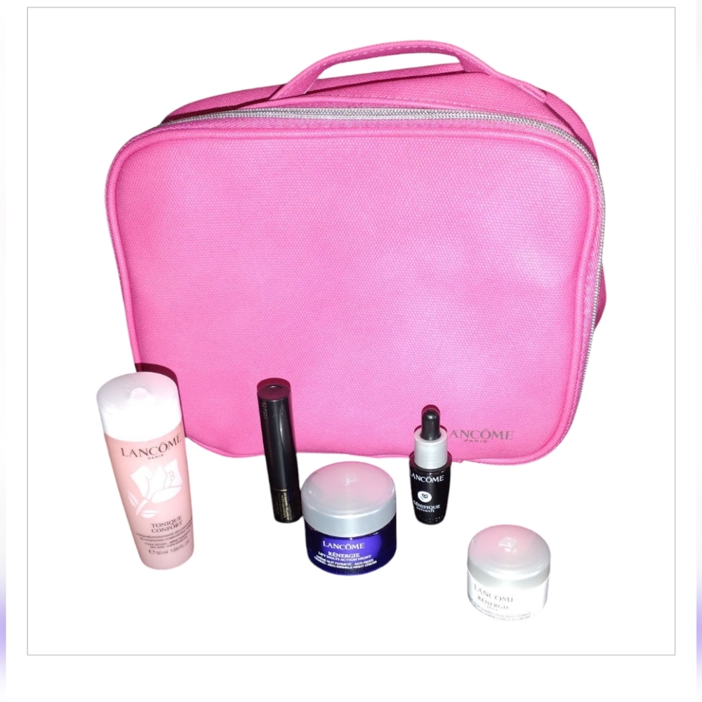 Lancôme Barbie Bubblegum Pink Cosmetic Bag with Skincare Mascara 6 Pc Gift Set